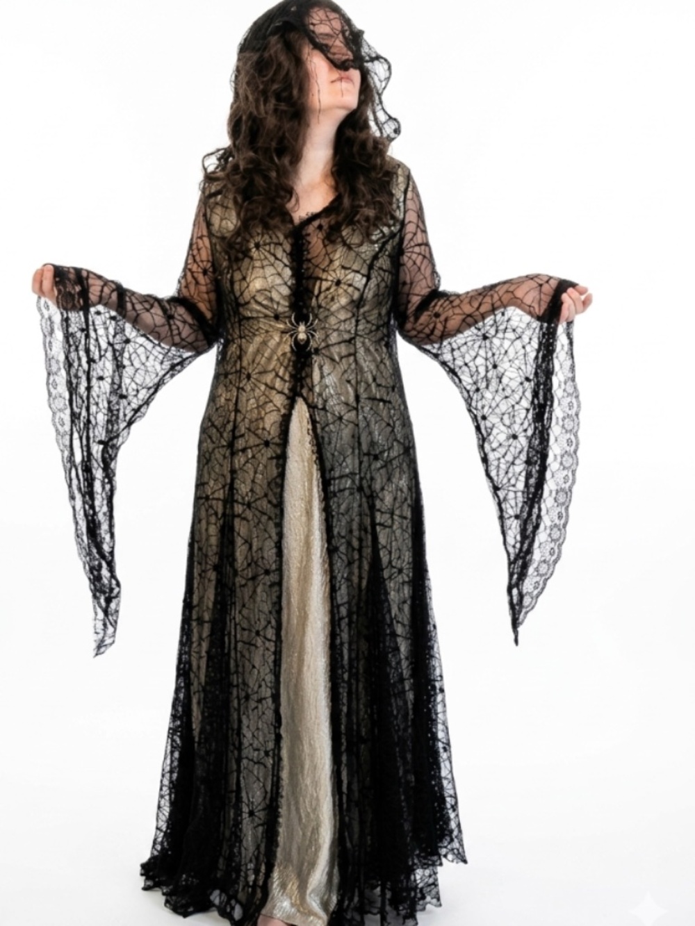 Soft Whimsigoth / Witchy Goddess Hooded Lace Duster Gown Flare Sleeve Cloak (3X)